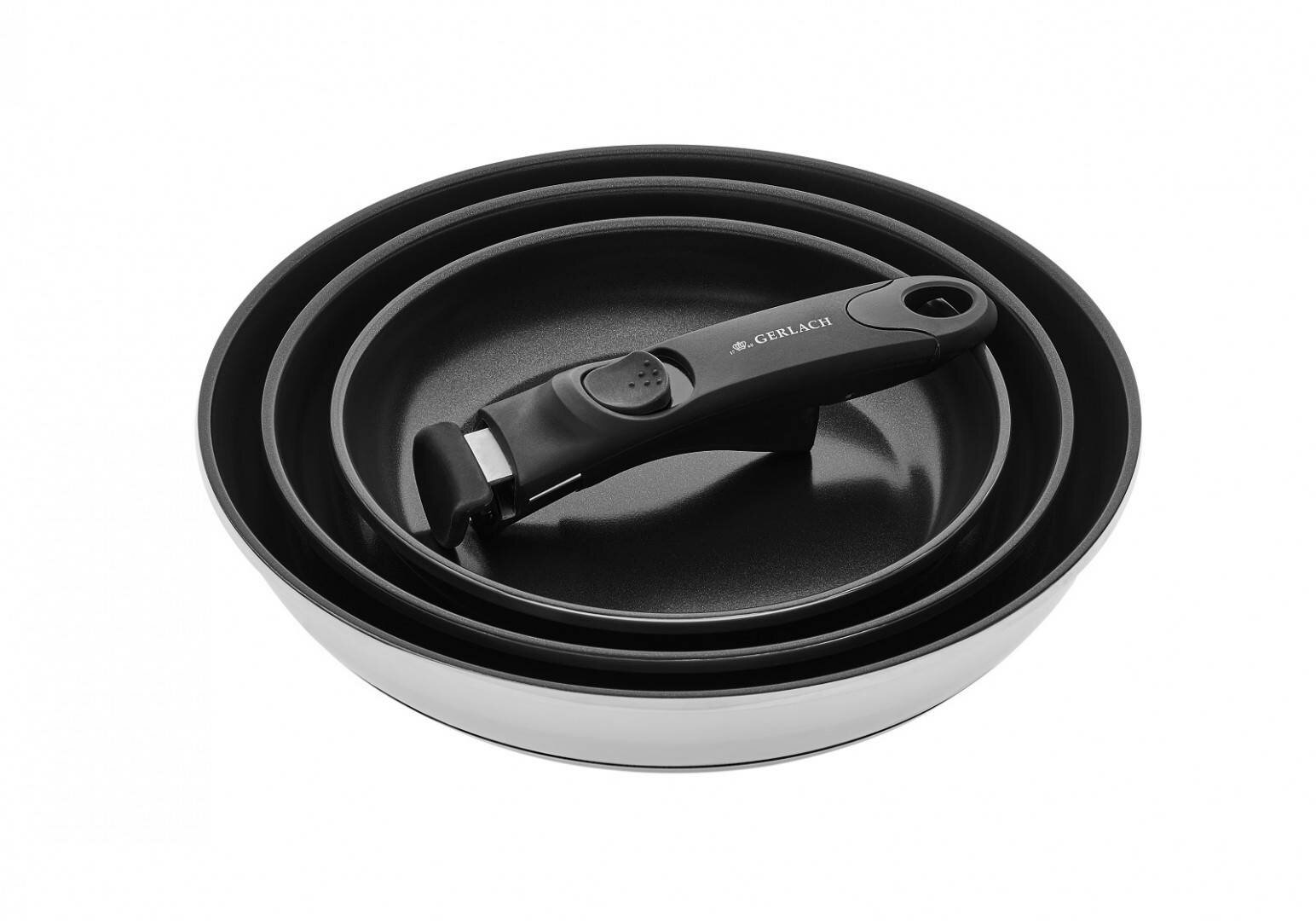 Trzy czarne, nieprzywierające patelnie o różnych rozmiarach z odłączanym czarnym uchwytem.