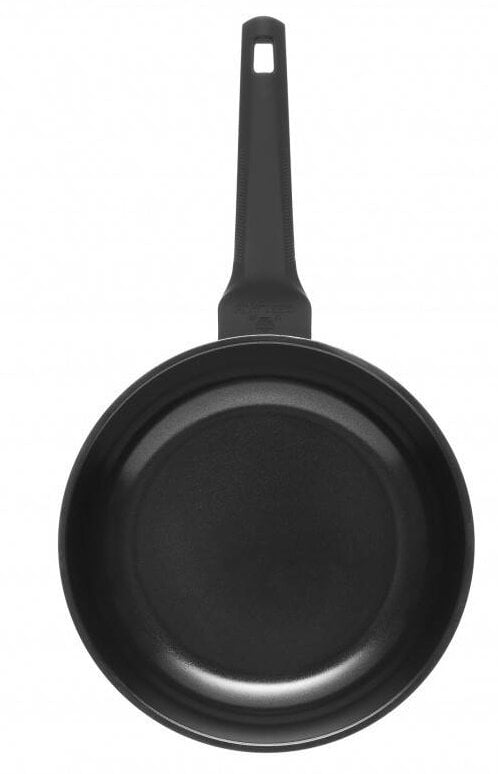 Czarna patelnia. Widoczny uchwyt, okrągły korpus i matowa czarna powierzchnia.