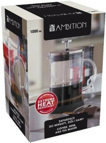 Pudełko z zaparzaczem do kawy. Marka "Ambition" i czerwona naklejka. Tekst po polsku i angielsku.