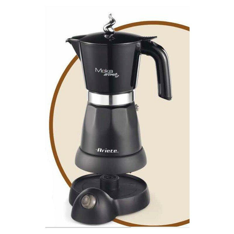 Czarny ekspres do kawy na stojaku, ze srebrnym paskiem i nazwą marki.