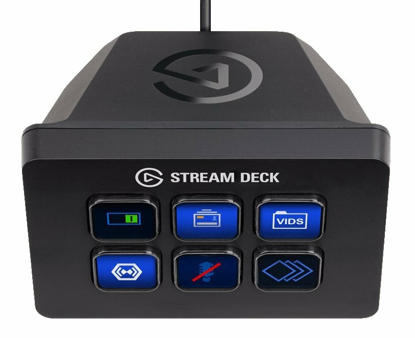 Czarny Stream Deck z sześcioma podświetlanymi przyciskami. Widoczne logo i 'Stream Deck'.