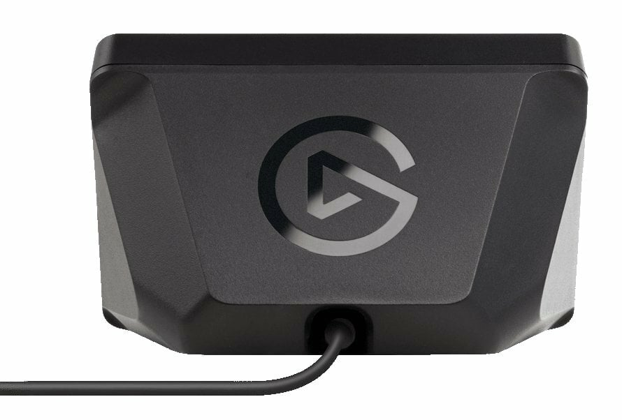 Czarne urządzenie Elgato z logo i przewodem, prawdopodobnie do strumieniowania lub nagrywania treści.