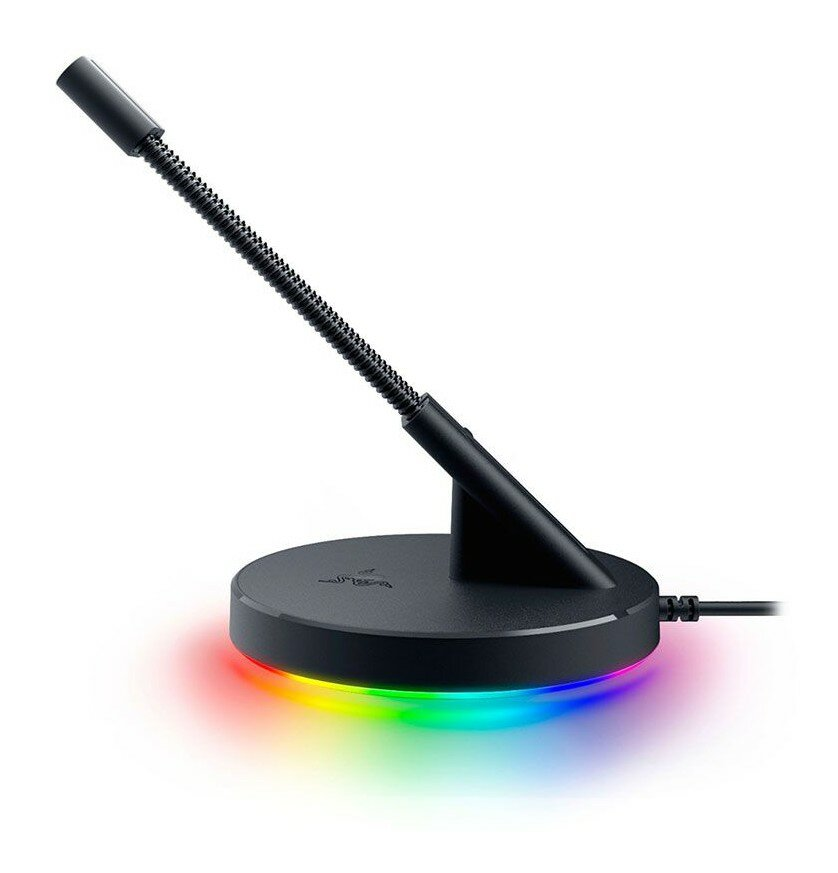 Czarny mikrofon z elastycznym ramieniem i kolorową podstawą świetlną, na białym tle.