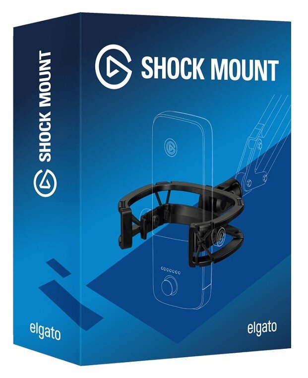 Pudełko Elgato Shock Mount z niebieskim tłem i ilustracją produktu.