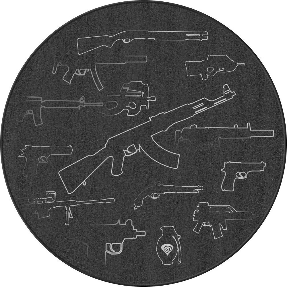 Czarny okrąg z białymi rysunkami linii różnych pistoletów i granatu.
