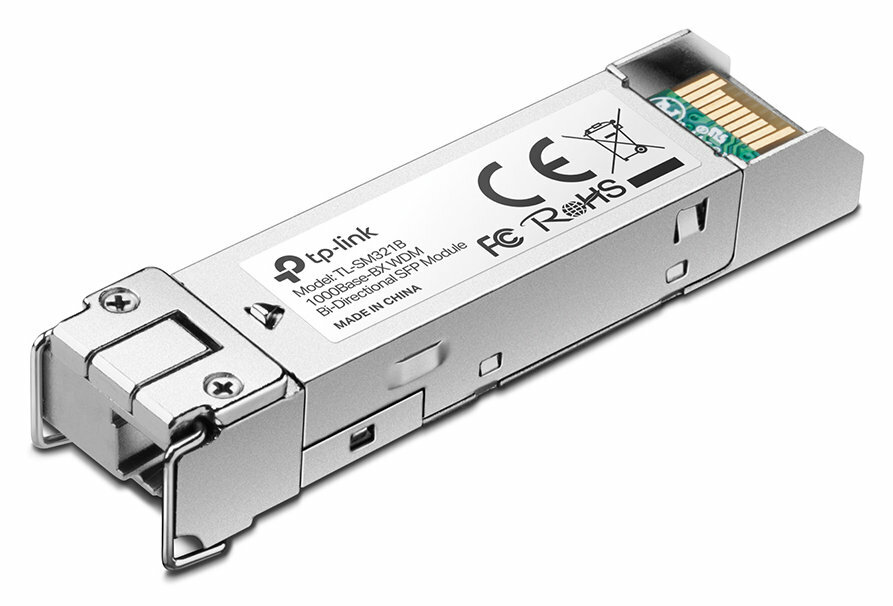 Srebrny moduł SFP TP-Link z tekstem i logo, zieloną płytką obwodu drukowanego i metalową obudową.