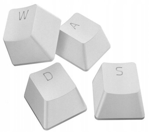 Cztery białe nakładki na klawisze, z literami W, A, D i S. Na białym tle.
