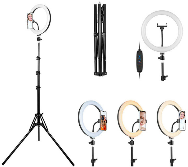 Zestaw lamp pierścieniowych z uchwytami na telefony na statywach, różne ustawienia oświetlenia.