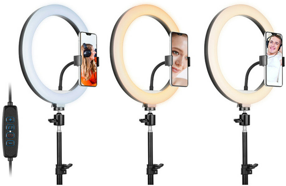 Trzy lampy pierścieniowe, każda trzymająca telefon. Kolory światła to biały, żółty i pomarańczowy.