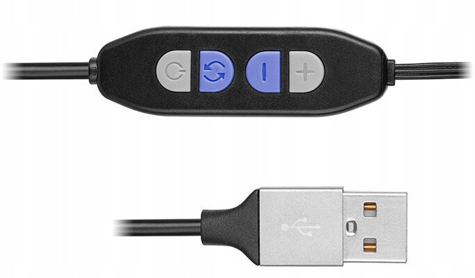 Czarny panel sterowania z przyciskami i złączem USB.