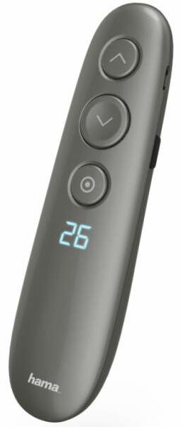 Ciemnoszary pilot prezentacji Hama z przyciskami w górę, w dół i enter oraz wyświetlaczem.