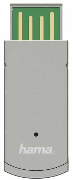 Szara pamięć USB. Zielone i złote złącze. Logo Hama na dole.