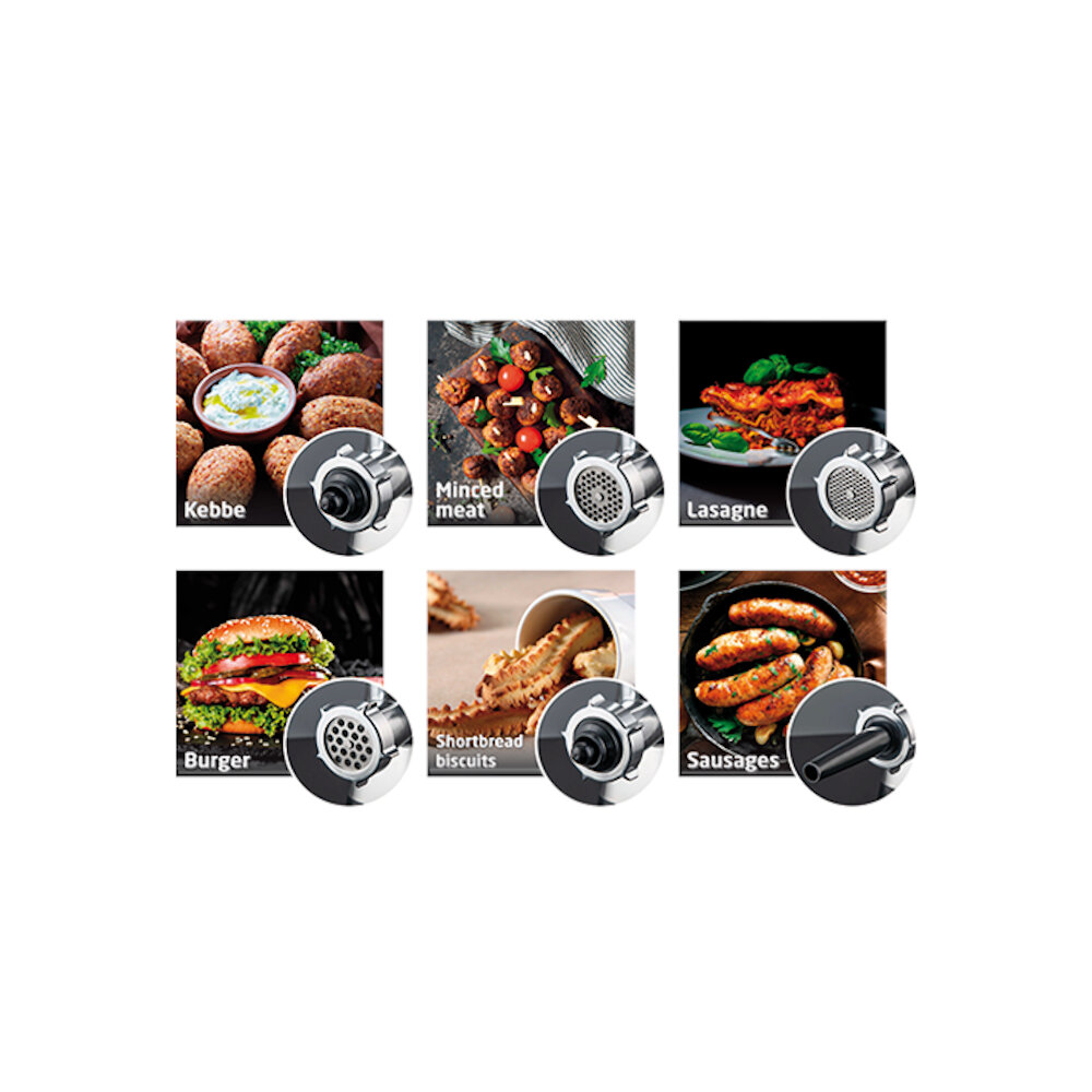 Obraz przedstawia sześć potraw: Kebbe, mielone mięso, lasagne, burger, kruche ciastka i kiełbaski, każda z maszynką.