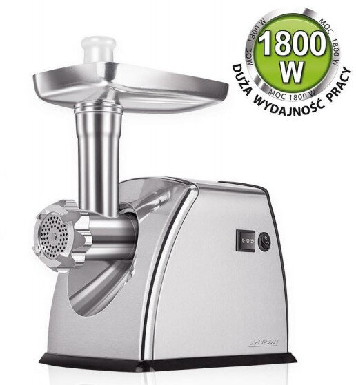 Srebrna maszynka do mięsa z przyciskiem zasilania. Białe tło. Zielona etykieta zasilania.