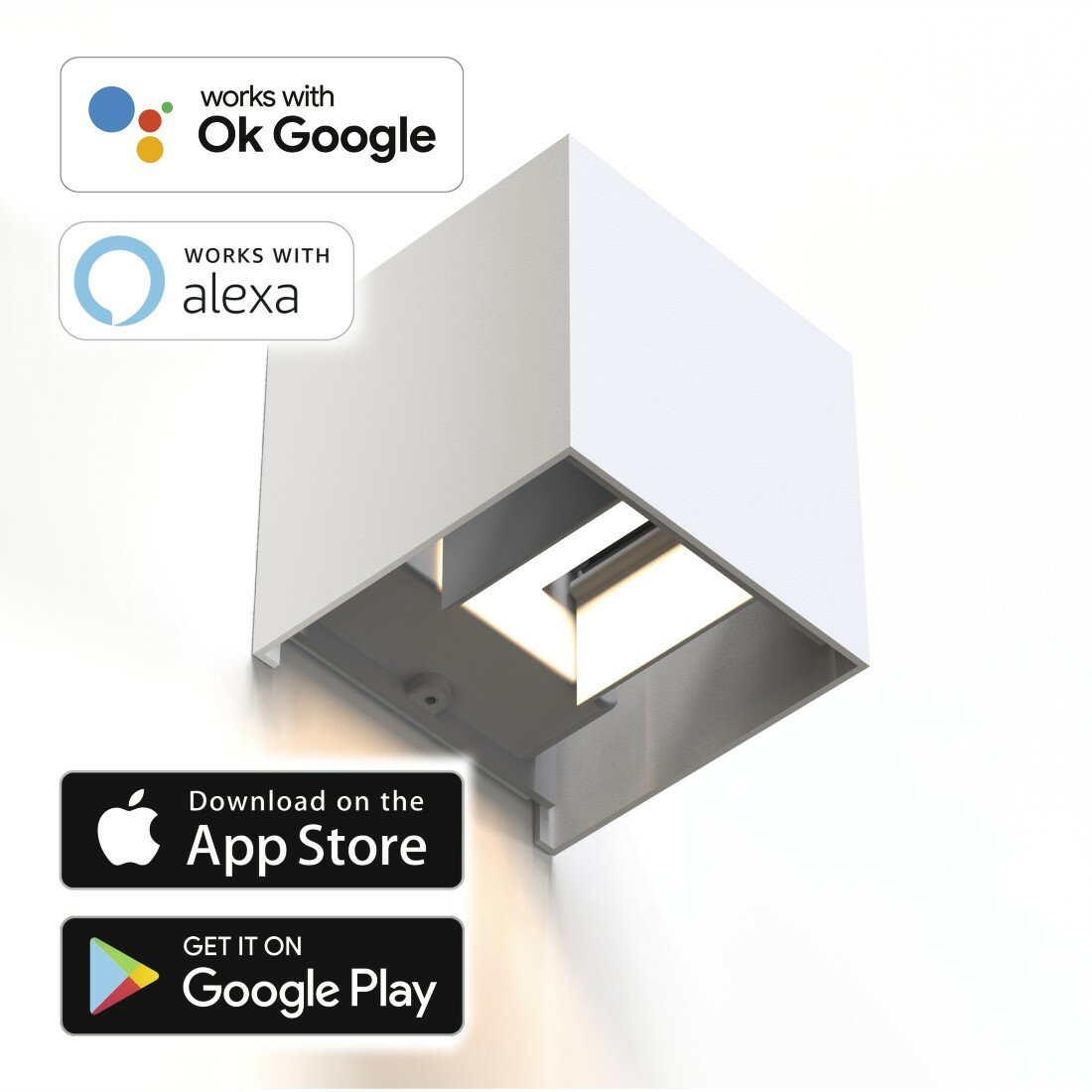 Biała inteligentna lampa w kształcie kostki z logo aplikacji.