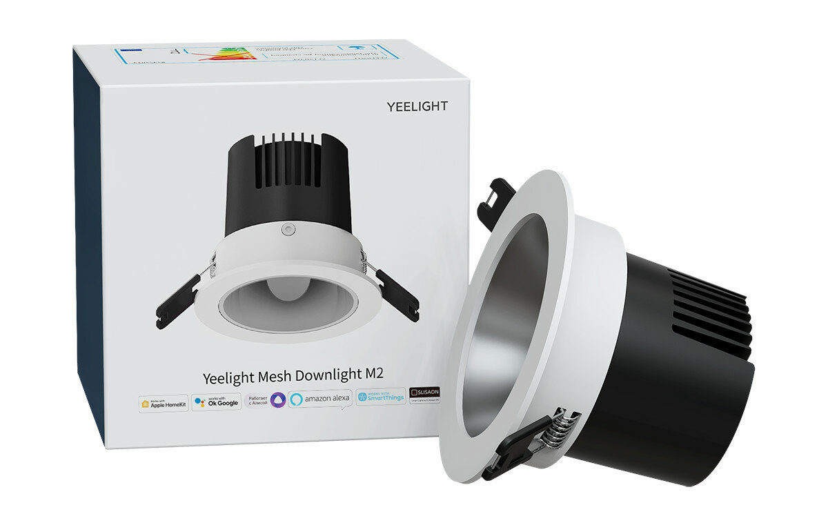 Białe i czarne pudełko Yeelight Mesh Downlight i samo światło. Na białym tle.