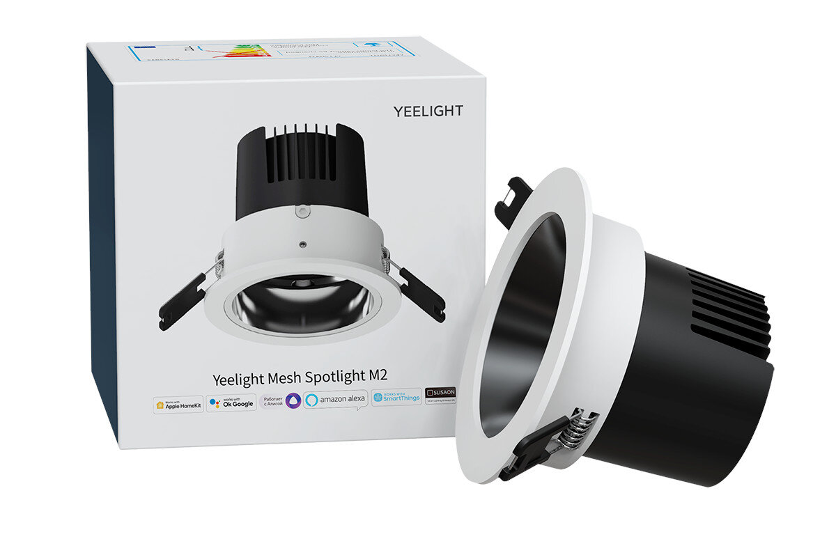 Biały reflektor wpuszczany z czarnym środkiem. Wyświetlany z pudełkiem, pokazującym funkcje inteligentnego domu.