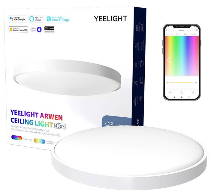 Biała lampa sufitowa Yeelight, pudełko ze szczegółami i smartfon pokazujący sterowanie kolorem.