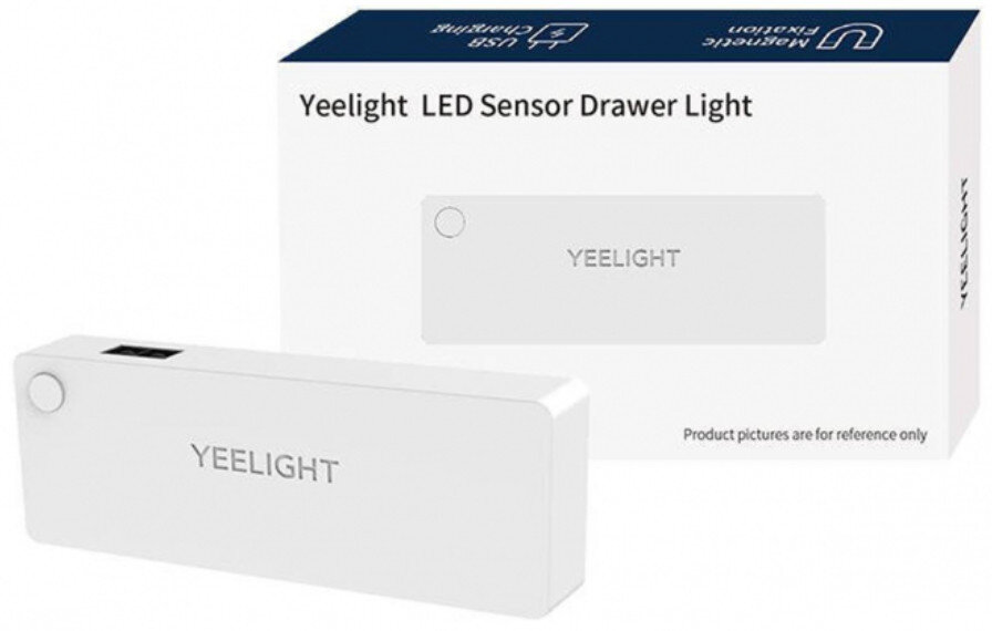 Białe światło do szuflady z czujnikiem LED Yeelight, z pudełkiem i detalami produktu.