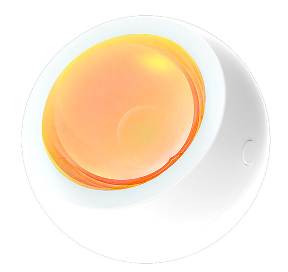 Biała, okrągła, nowocześnie wyglądająca lampa z żółtym źródłem światła. Z boku mały przycisk.