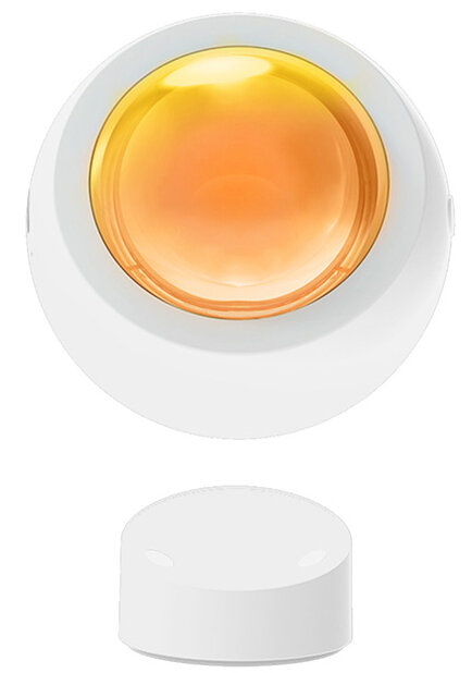 Białe urządzenie smart home z żółto-pomarańczowym światłem w środku, a poniżej kolejna biała część.