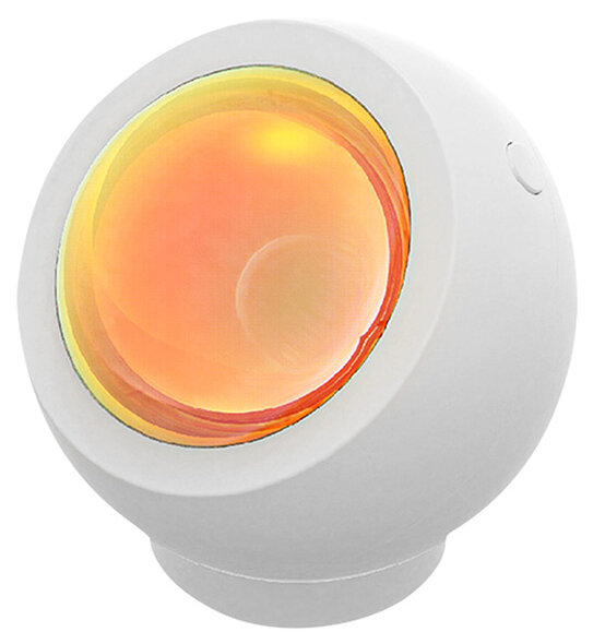 Biała, w kształcie jaja lampa zachodzącego słońca z pomarańczową i żółtą emisją światła.