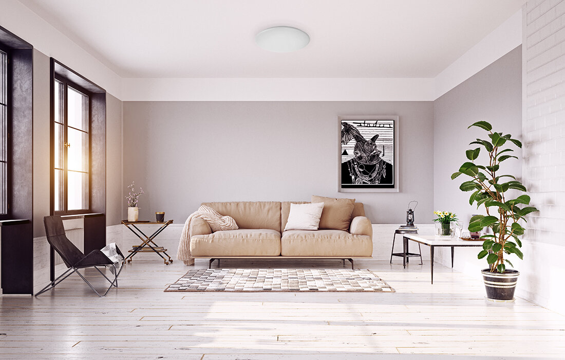 Salon z beżową sofą, sztuką i rośliną. Białe ściany i drewniana podłoga.