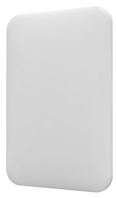 Biały, prostokątny obiekt o zaokrąglonych krawędziach pokazano na białym tle.