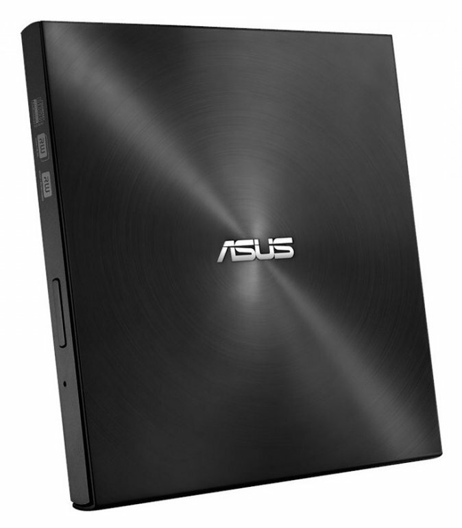 Czarna zewnętrzna nagrywarka DVD z logo ASUS na górze.