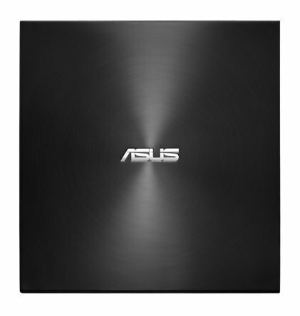 Czarny napęd optyczny ASUS. Okrągłe, szczotkowane metalowe wykończenie z logo ASUS.