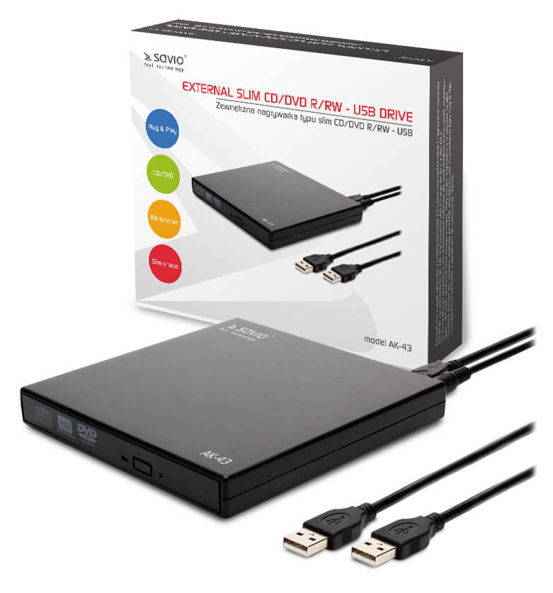 Zewnętrzny napęd USB CD/DVD/RW w pudełku, z kablami i samym napędem.
