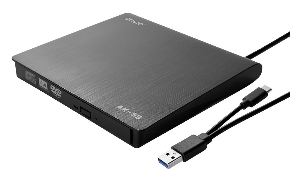 Czarny zewnętrzny napęd DVD Savio z kablem USB i kablem USB-C.