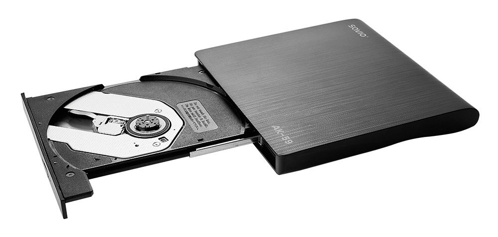 Srebrna i czarna zewnętrzna nagrywarka DVD z wysuniętą tacą na dysk.