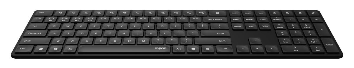 Czarna klawiatura Rapoo z widocznymi klawiszami. Klawiatura jest na białym tle.