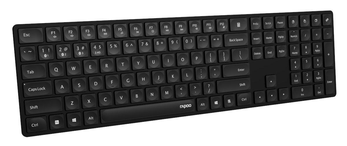 Czarna klawiatura z białymi literami, pełnym układem i białym tłem.