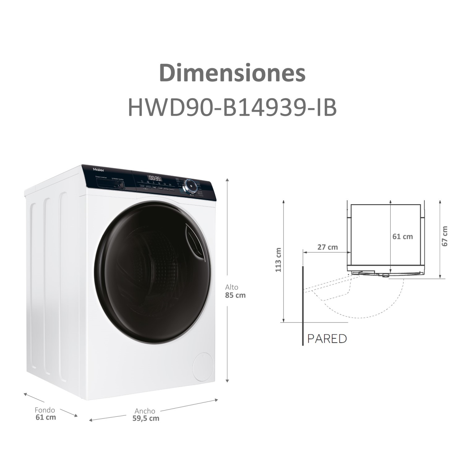 Lavadora Haier blanca con dimensiones, mostrando vistas frontal y lateral.