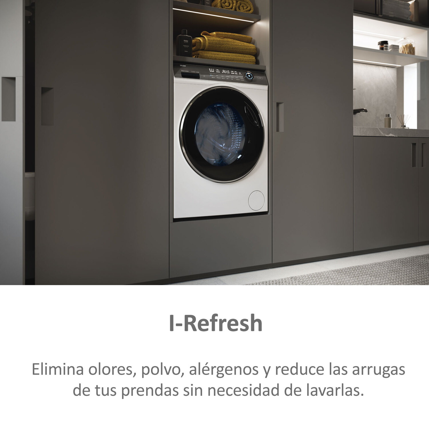 Lavadora en armario gris oscuro. Texto: I-Refresh, elimina olores.