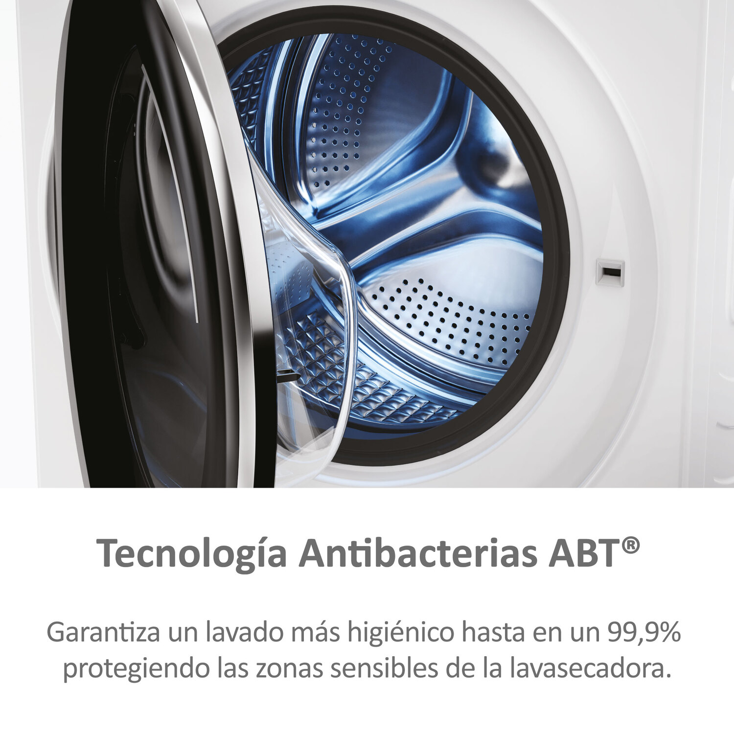 Una lavadora con la puerta abierta y texto.