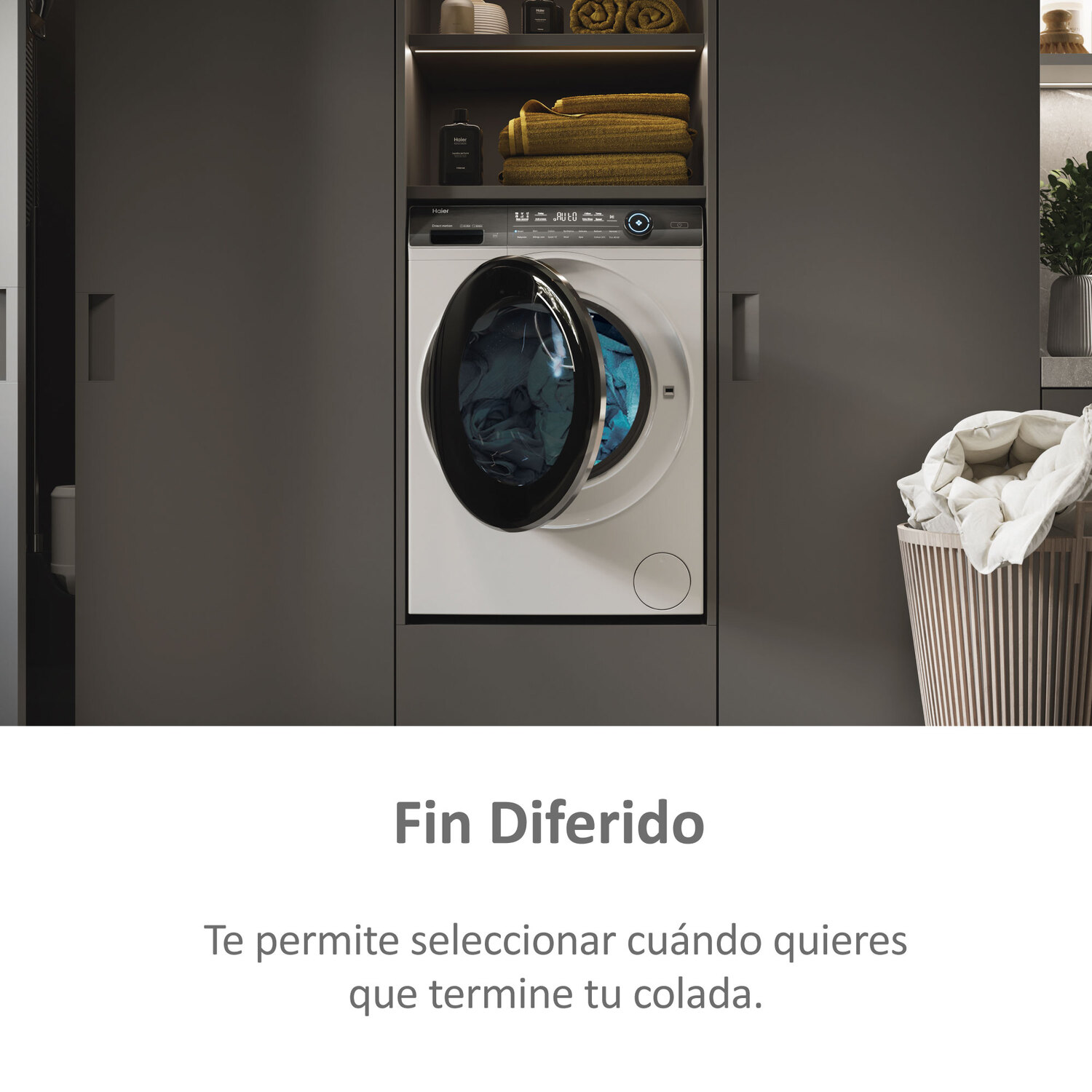 Una lavadora con la puerta abierta, con un texto que dice Fin Diferido (Fin aplazado).