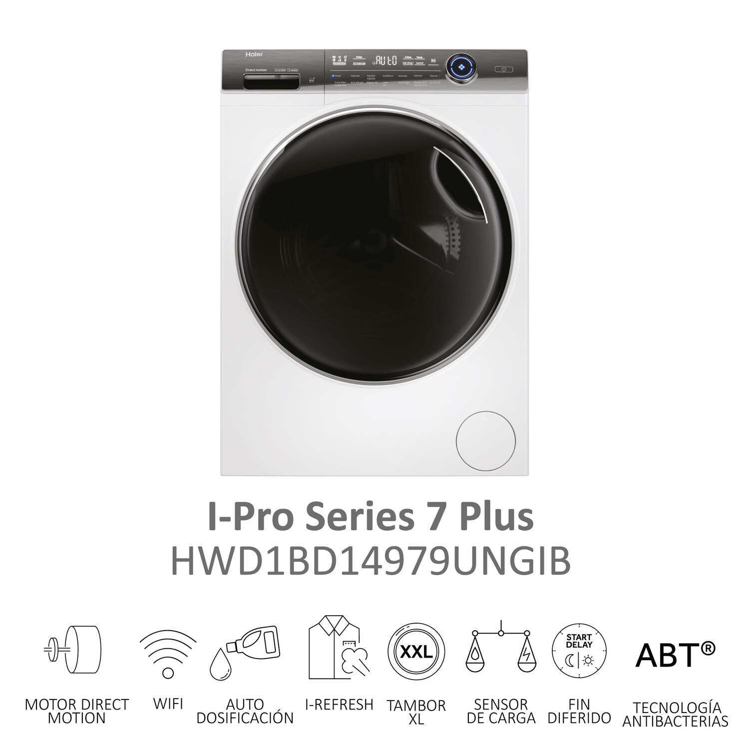 Lavadora blanca Haier I-Pro Serie 7 Plus, con iconos de funciones debajo.