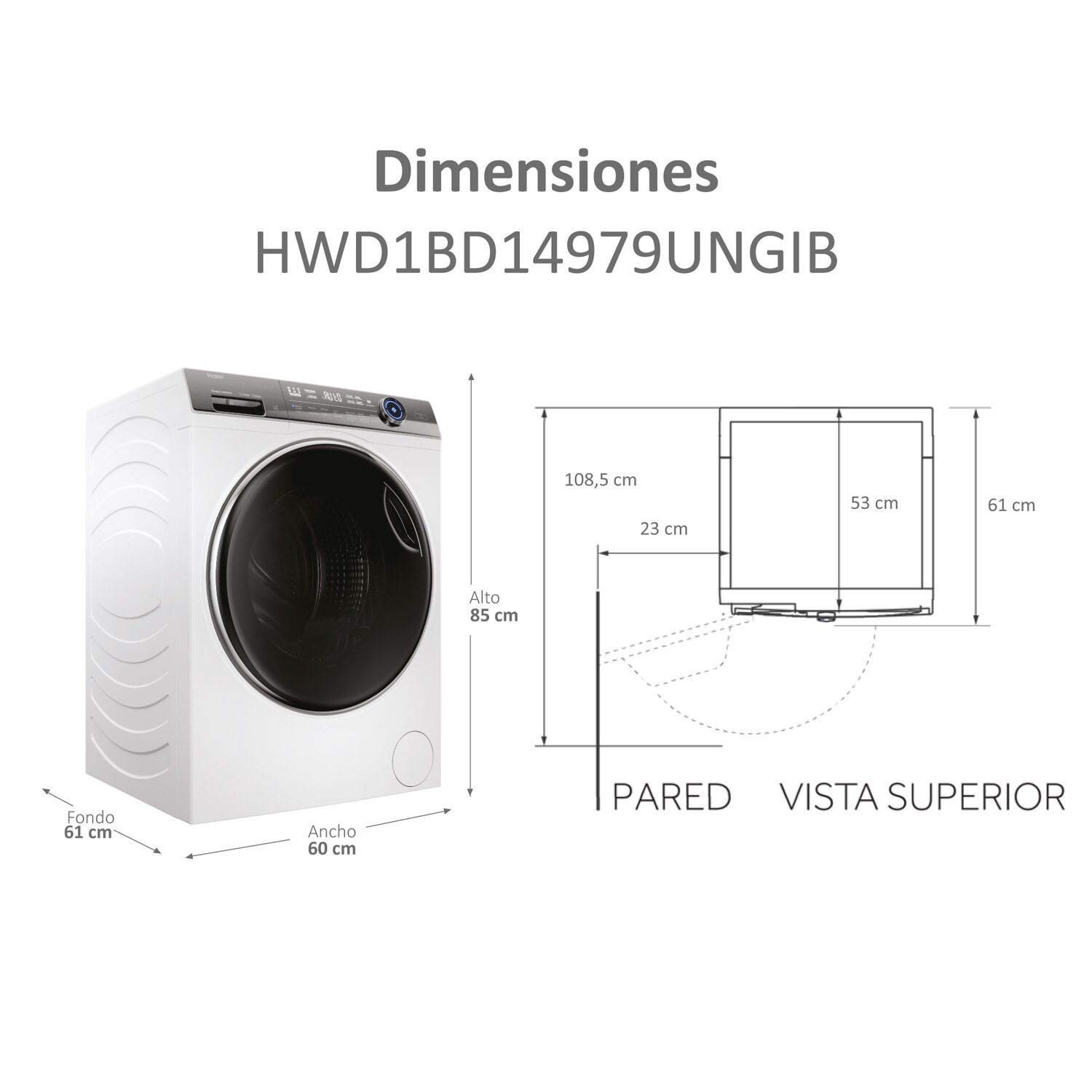 Lavadora con dimensiones etiquetadas y una vista superior y de la pared.