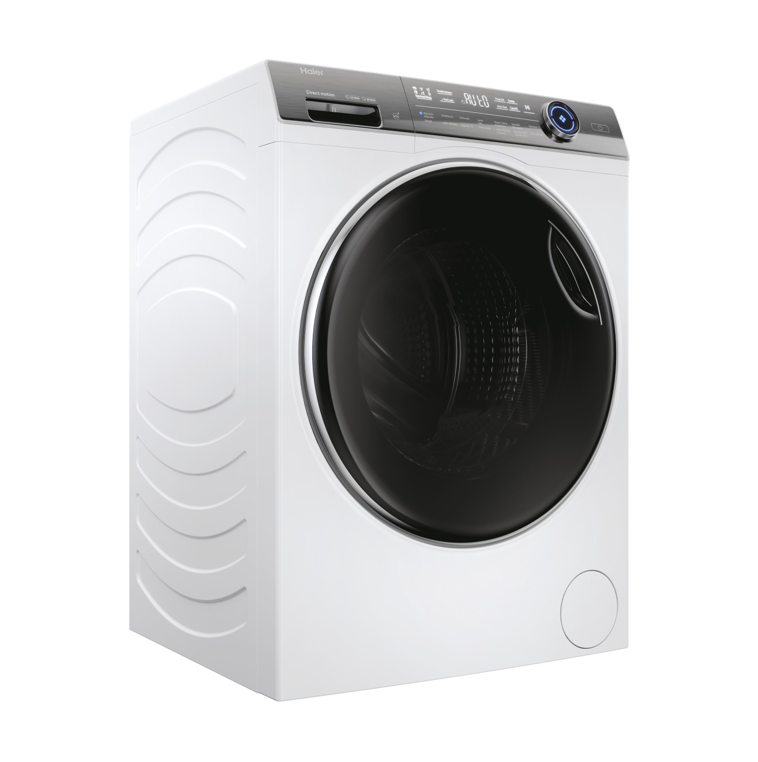 Lavadora Haier blanca, vista frontal, con puerta negra.