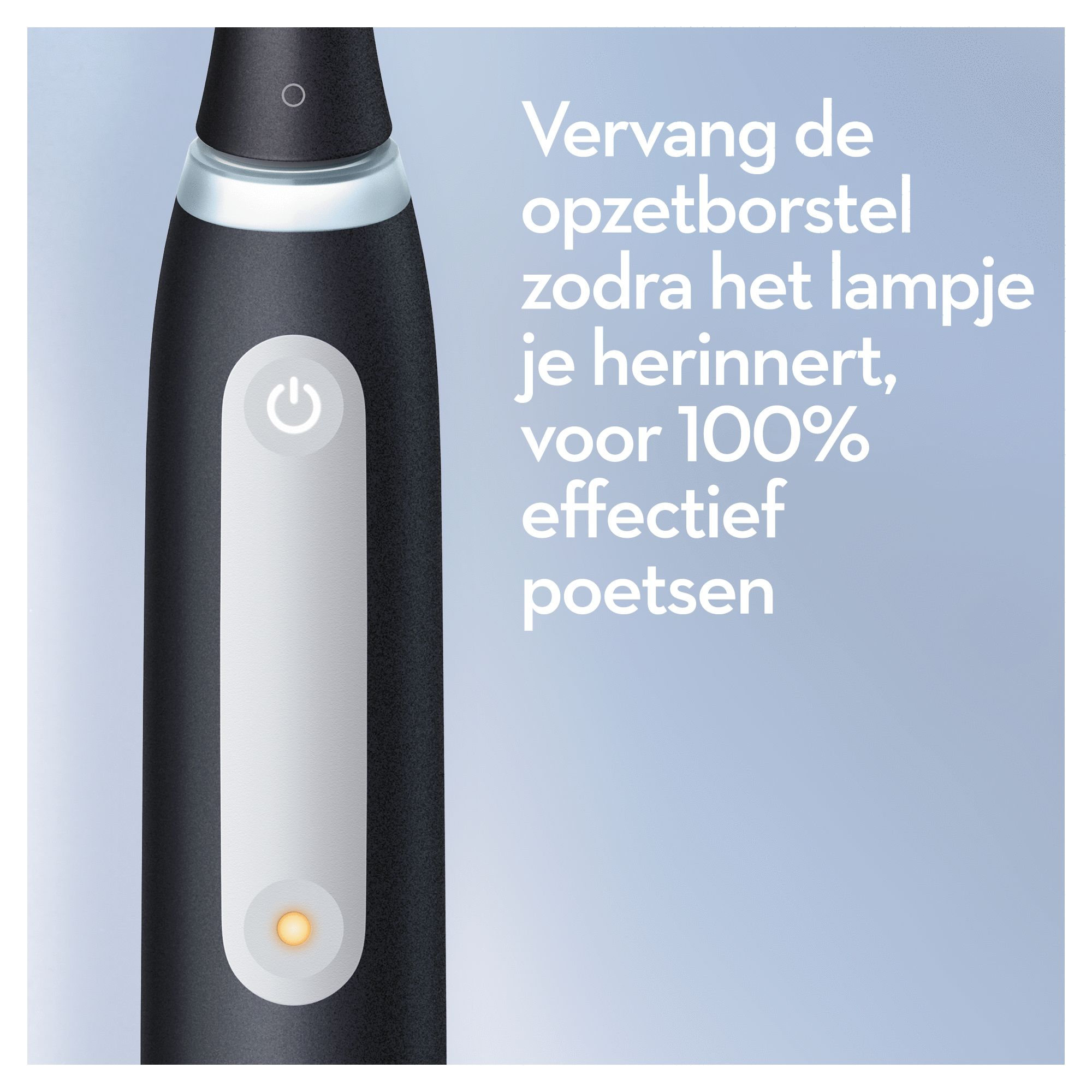 Een zwarte elektrische tandenborstel met een wit paneel en een klein geel lampje op de handgreep.