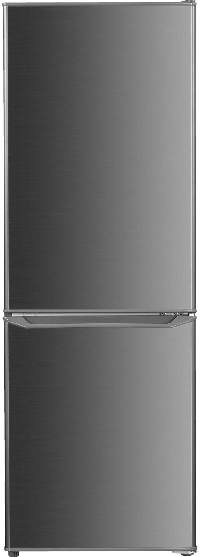 Lodówka ze stali nierdzewnej. Dwoje drzwi, szary kolor, widok pionowy. Białe tło.