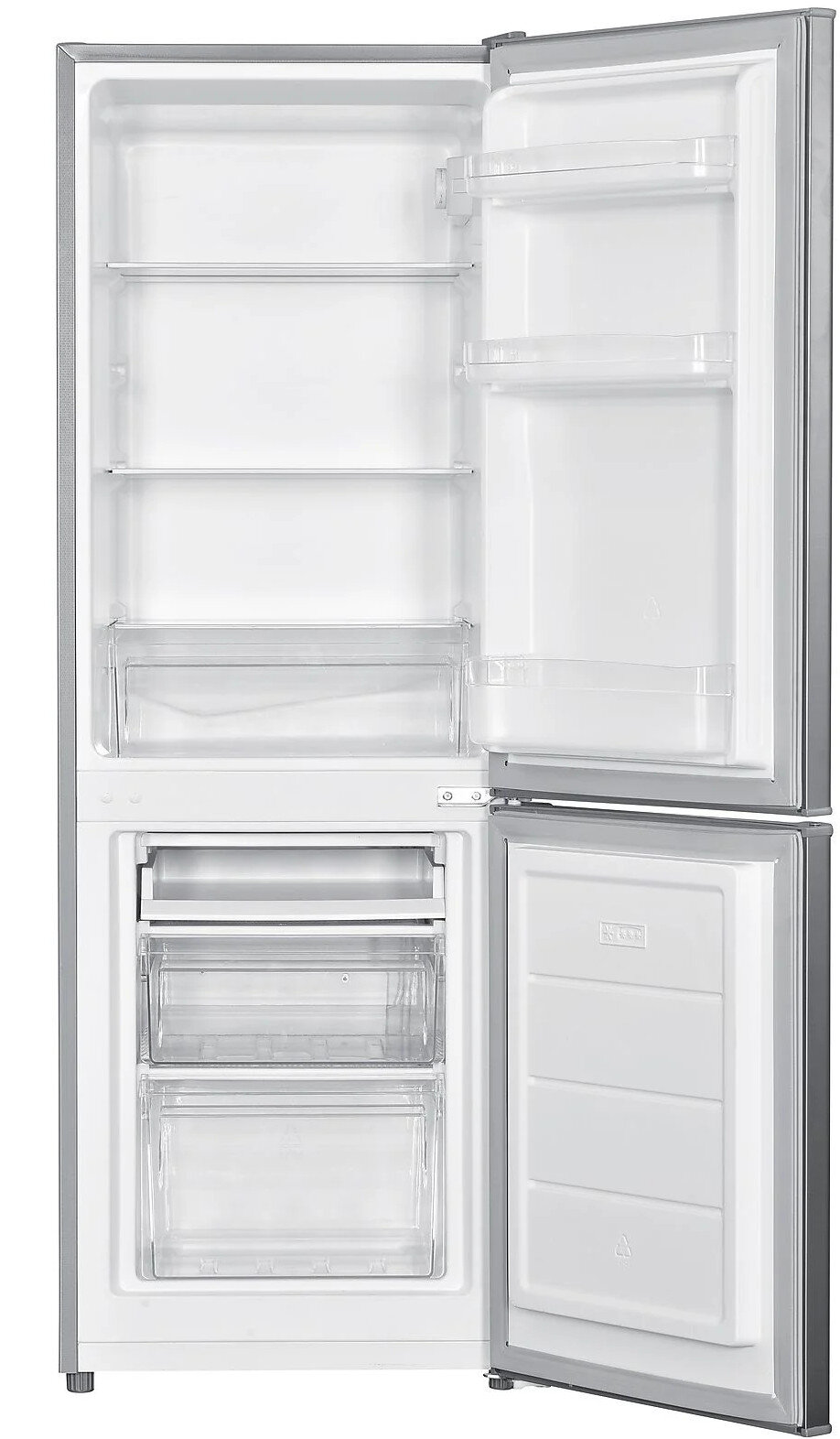 Otwarta lodówka z białym wnętrzem, półkami i szufladami. Szary na zewnątrz.