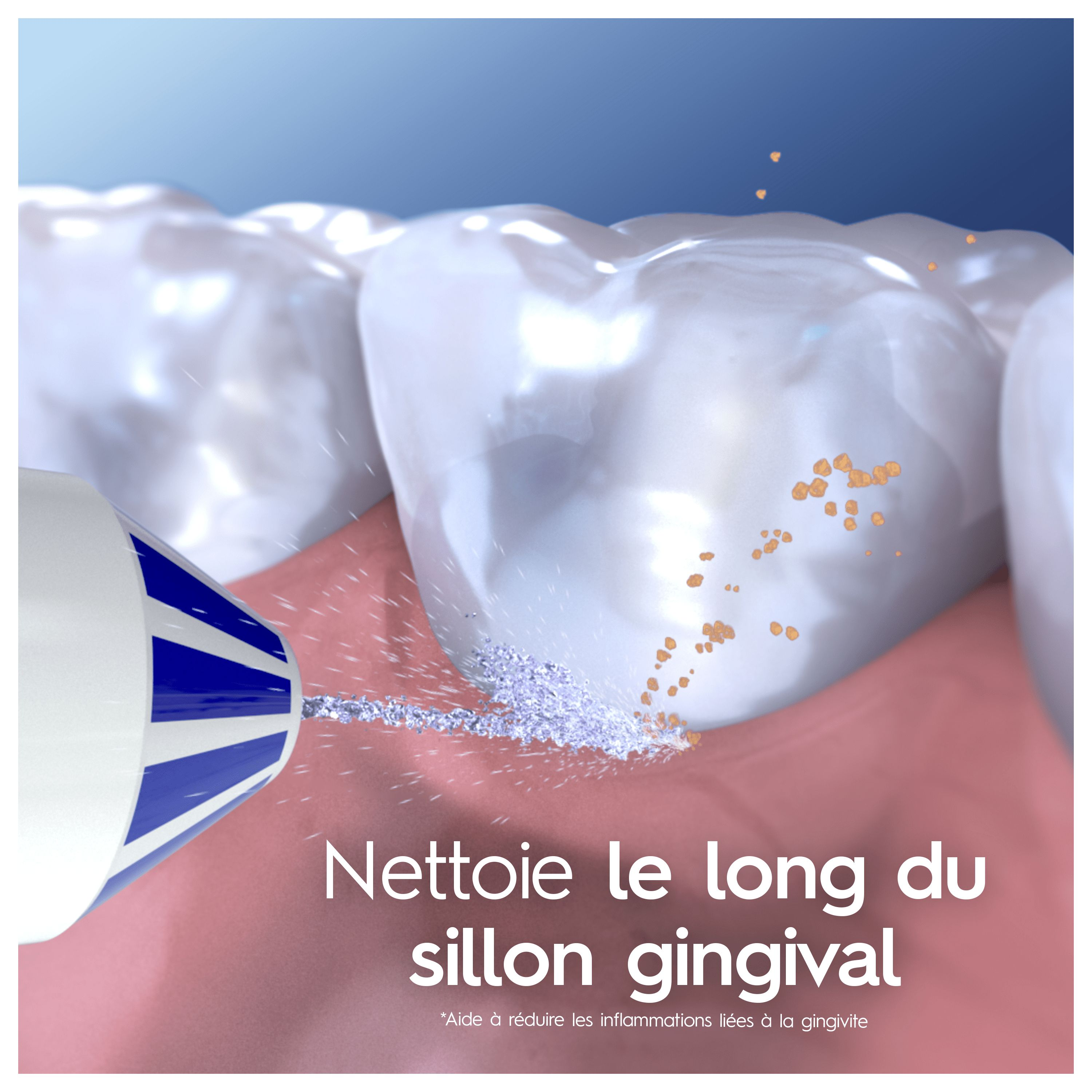 Gros plan sur des dents nettoyées avec du dentifrice. Texte en français. Fond blanc.