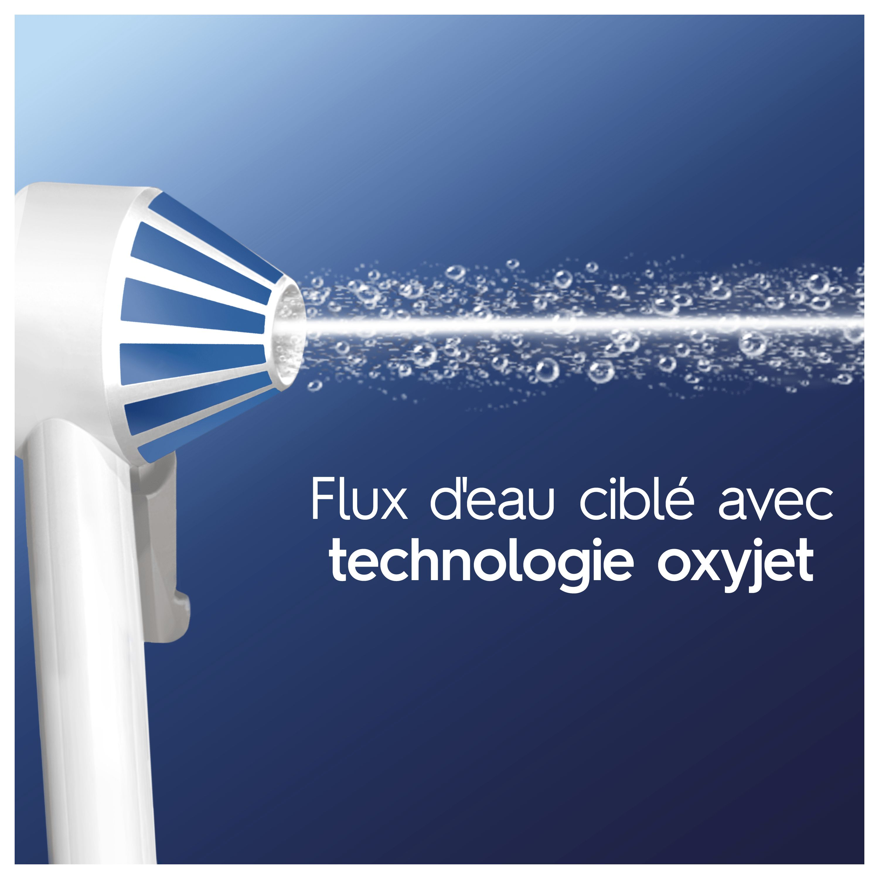 Un irrigateur dentaire blanc et bleu pulvérisant de l'eau.
