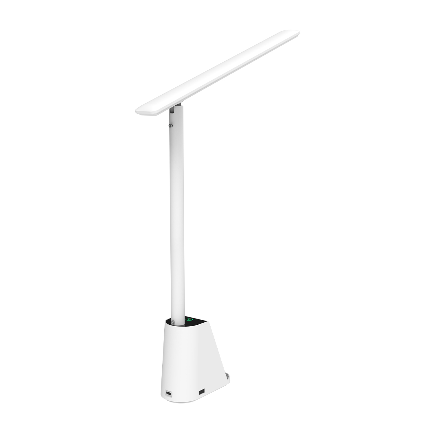 Lampada da scrivania bianca. Base e braccio lungo con luce.