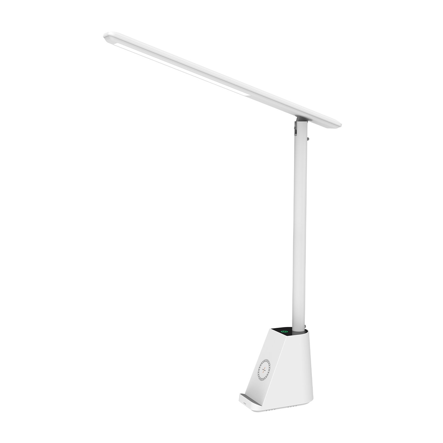 Lampada da scrivania bianca con luce LED, supporto per telefono e base di ricarica.