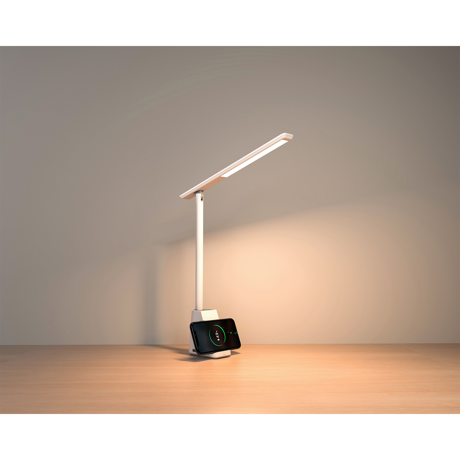 Lampada da scrivania con ricarica telefono, luce, legno.